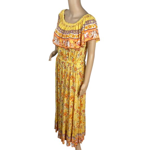 Margaux Riviera Yellow Floral Elephant Flounce Boho Hippie Maxi Dress SZ M - Picture 5 of 9